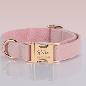 Baby / Light Pink Velvet Engraved Dog Collar Set with Leash, Bow. Free Engraving on Metal Buckle,Wedding Puppy Gift