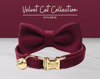 Ensemble de colliers de chat gravés en velours bordeaux avec laisse, noeud. Gravure gratuite sur la boucle en métal, cadeau de mariage pour chat