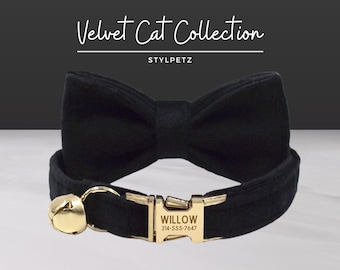 Black Velvet Engraved Cat Collar Set with Leash, Bow. Free Engraving on Metal Buckle,Wedding Cat Gift