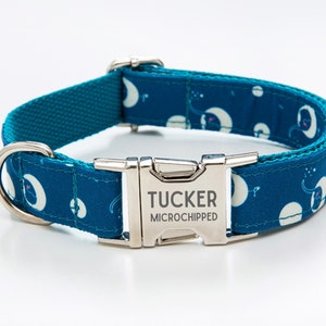 May include: A teal blue dog collar with a white and blue moon pattern. The collar has a silver buckle with the name "TUCKER MICROCHIPPED" engraved on it.