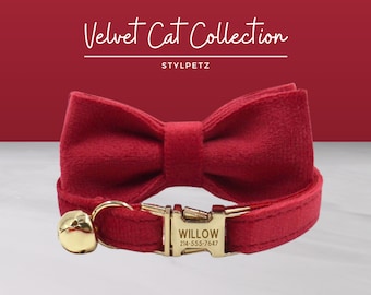 Ensemble collier de chat rouge gravé avec laisse, noeud. Gravure gratuite sur la boucle en métal, cadeau de mariage pour chat