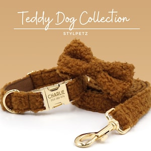 Brown Teddy Engraved Dog Collar Set with Leash, Bow. Pet Name Free Engraving on Metal Buckle, Wedding Puppy Gift