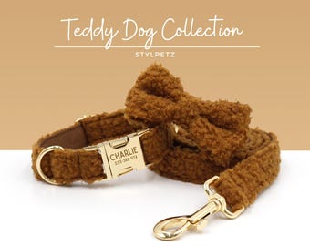 Braunes Hundehalsband Set mit Teddy Gravur, Leine und Schleife. Haustier-Namen-Gravur auf Metallschnalle, Hochzeitwelpengeschenk