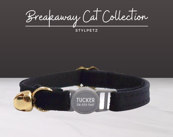 May include: Black breakaway cat collar with a gold bell and a gray breakaway buckle with the text "TUCKER 214-555-7647".