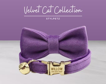 Purple Engraved Cat Collar Set with Leash, Bow. Free Engraving on Metal Buckle,Wedding Cat Gift