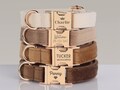 Multiple Color Velvet Engraved Dog Collar Set with Leash, Bow. Pet Name Free Engraving on Metal Buckle, Wedding Puppy Gift Brown Cream Beige product logo