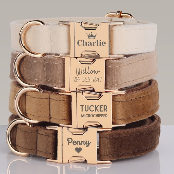Multiple Color Velvet Engraved Dog Collar Set with Leash, Bow. Pet Name Free Engraving on Metal Buckle, Wedding Puppy Gift Brown Cream Beige