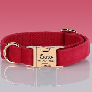 Red Velvet Engraved Dog Collar Set with Leash, Bow. Free Engraving on Metal Buckle,Wedding Puppy Gift