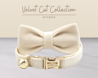 Cream Velvet Engraved Cat Collar Set with Leash, Bow. Free Engraving on Metal Buckle,Wedding Cat Gift