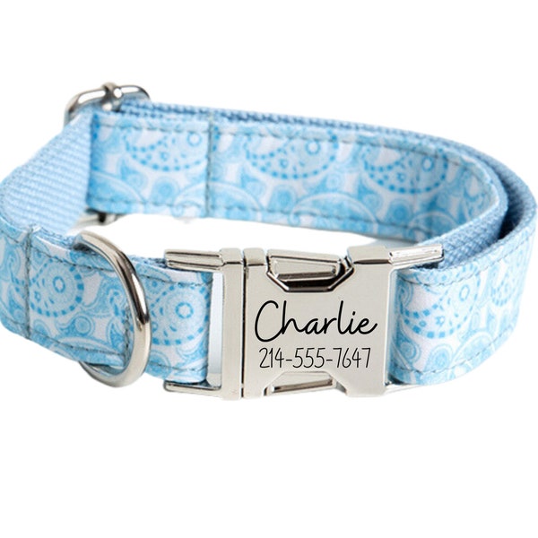 Paisley Patterned Engraved Dog Collar Set with Leash, Bow. Free Engraving on Metal Buckle,Wedding Puppy Gift