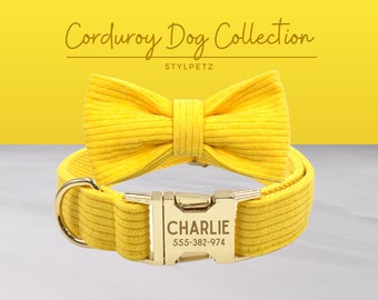 Ensemble de colliers pour chien gravés en velours côtelé jaune avec laisse et noeud. Gravure gratuite sur la boucle en métal, cadeau de mariage pour chiot