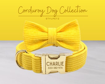 Yellow Corduroy Velvet Engraved Dog Collar Set with Leash, Bow. Free Engraving on Metal Buckle,Wedding Puppy Gift