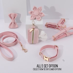 Harnais pour chien gravé en velours rose bébé avec ensemble de laisse. Gravure gratuite sur boucle en métal, harnais + collier + nœud papillon + support de sac à caca
