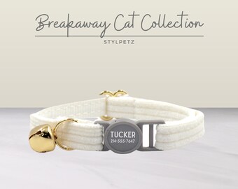 White Corduroy Luxury Personalized Breakaway Engraved Cat Collar Set Leash Bow Free Engraving Metal Buckle Custom Pet Kitten Cat Gift