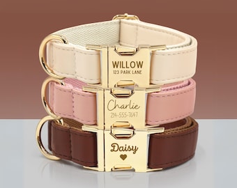 May include: Three personalised dog collars in cream, pink, and brown leather. Each collar has a gold-coloured buckle engraved with a name and contact details. The collars are stacked, showing the different colours and designs.