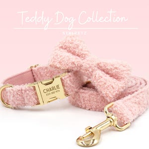 May include: A pink teddy dog collar, leash, and bow set. The collar has a gold buckle engraved with "CHARLIE" and a phone number. The leash has a gold clasp. The text "Teddy Dog Collection" and "STYLPETZ" are in the background.