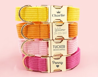 Multiple Color Corduroy Engraved Dog Collar Set with Leash, Bow. Free Engraving on Metal Buckle Wedding Puppy Gift - Hot Pink, Orange Yellow