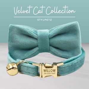 Pode incluir: Um colar de veludo azul turquesa para gato com uma gravata borboleta combinando e um sino dourado. O colar tem uma etiqueta de nome dourada que diz "WILLOW 214-555-7647".