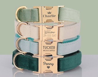 Multiple Color Velvet Engraved Dog Collar Set with Leash, Bow. Free Engraving on Metal Buckle, Wedding Puppy Gift Green, Teal, Emerald, Blue