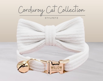 White Corduroy Luxury Personalized Engraved Cat Collar Set Leash Bow Free Engraving Metal Buckle Custom Kitten Birthday Christmas Gift