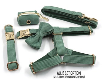 Dark Green Corduroy Velvet Engraved Dog Harness with Leash Set. Free Engraving on Metal Buckle,Harness+Collar+Bowtie+Poo Bag Holder Bundle