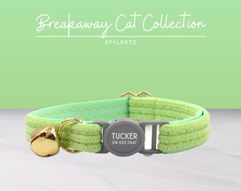 Set di collare per gatti con incisione personalizzata di lusso in velluto a coste verde chiaro, guinzaglio, fiocco, fibbia in metallo con incisione gratuita, regalo personalizzato per animali domestici, gattino e gatto