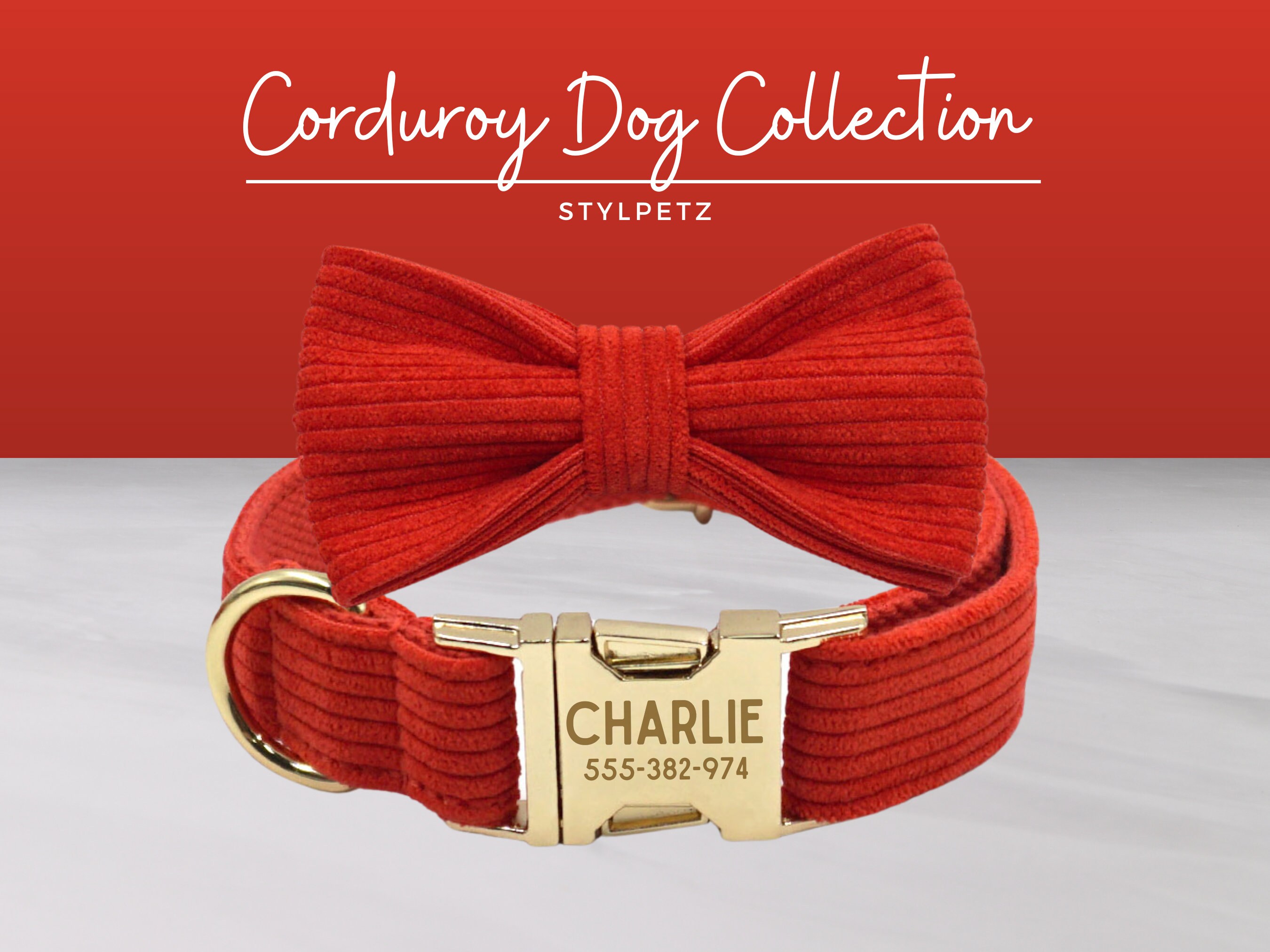 Red Corduroy Velvet Engraved Dog Collar Set with Leash, Bow. Free Engraving on Metal Buckle,Wedding Puppy Gift