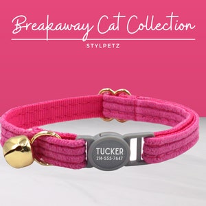 Hot Pink Corduroy Luxury Personalized Breakaway Engraved Cat Collar Set Leash Bow Free Engraving Metal Buckle Custom Pet Kitten Cat Gift
