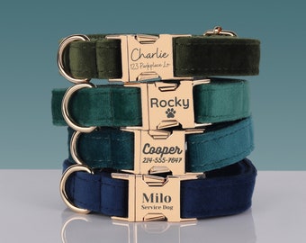 Multiple Color Velvet Engraved Dog Collar Set with Leash, Bow. Free Engraving on Metal Buckle, Wedding Puppy Gift Green, Teal, Emerald, Blue