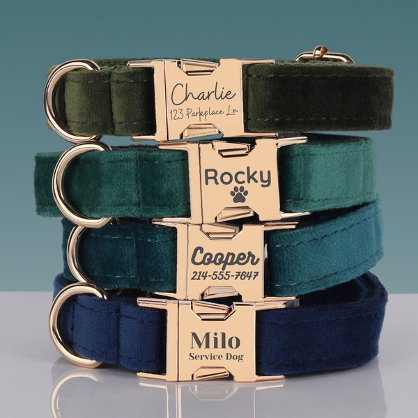 Multiple Color Velvet Engraved Dog Collar Set with Leash, Bow. Free Engraving on Metal Buckle, Wedding Puppy Gift Green, Teal, Emerald, Blue