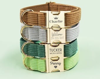 Multiple Color Corduroy Velvet Engraved Dog Collar Set with Leash, Bow. Free Engraving on Metal Buckle,Wedding Puppy Gift - Brown Green Grey
