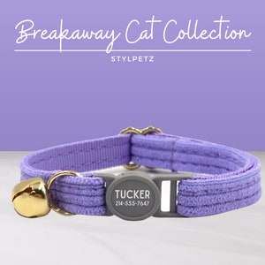 Dark Purple Corduroy Luxury Personalized Breakaway Engraved Cat Collar Set Leash Bow Free Engraving Metal Buckle Custom Pet Kitten Cat Gift