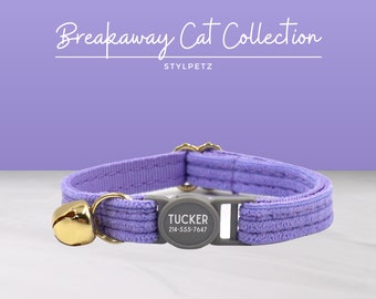 Dark Purple Corduroy Luxury Personalized Breakaway Engraved Cat Collar Set Leash Bow Free Engraving Metal Buckle Custom Pet Kitten Cat Gift