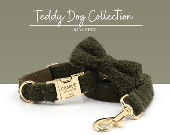 Hundehalsband-Set mit dunkelgrüner Teddy Gravur, Leine und Schleife. Haustier-Namen-Gravur auf Metallschnalle, Hochzeitwelpengeschenk