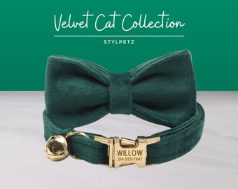 Emerald Green Velvet Engraved Luxury Cat Collar Set with Leash Bow Free Engraving on Metal Buckle Wedding Birthday Christmas Kitten Cat Gift