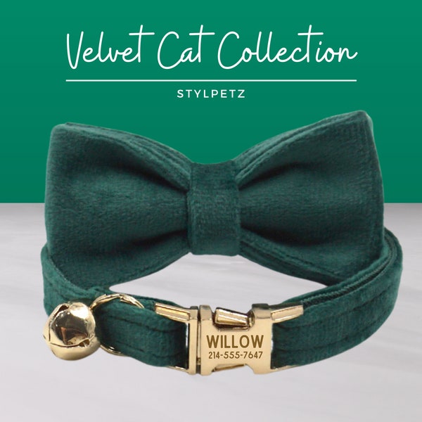 Emerald Green Velvet Engraved Luxury Cat Collar Set with Leash Bow Free Engraving on Metal Buckle Wedding Birthday Christmas Kitten Cat Gift