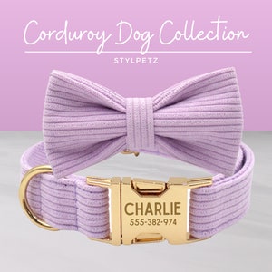 Lilac Corduroy Velvet Engraved Dog Collar Set with Leash, Bow. Free Engraving on Metal Buckle,Wedding Puppy Gift