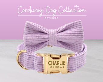 Lilac Corduroy Velvet Engraved Dog Collar Set with Leash, Bow. Free Engraving on Metal Buckle,Wedding Puppy Gift