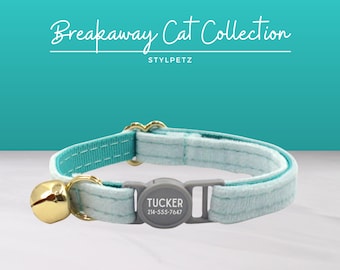 Aqua Luxury Velvet Personalized Breakaway Engraved Cat Collar or Set Leash Bow Free Engraving Metal Safety Buckle Custom Pet Kitten Cat Gift