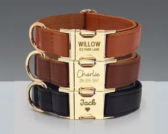 May include: Three leather dog collars with gold buckles and engraved names and contact information. The top collar is brown with the name "Willow" and the address "123 Park Lane". The middle collar is brown with the name "Charlie" and the phone number "214-555-7647". The bottom collar is black with the name "Jack" and a small heart symbol.