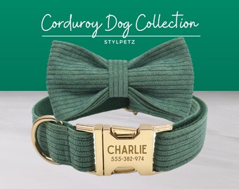 Dark Green Corduroy Velvet Engraved Dog Collar Set with Leash, Bow. Free Engraving on Metal Buckle, Wedding Birthday Christmas Puppy Gift