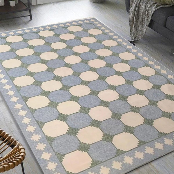 Carrelage bleu vert suédois fait main en coton tissé à plat tapis. Tapis moderne fait main en laine tissé à plat, décoration intérieure, tapis Dhurrie