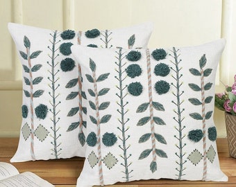 White & Green 2 Pieces Cotton Embroidered Square Cushion Covers , Floral Cushion Cover , Indian Block Printed Cushion Cover