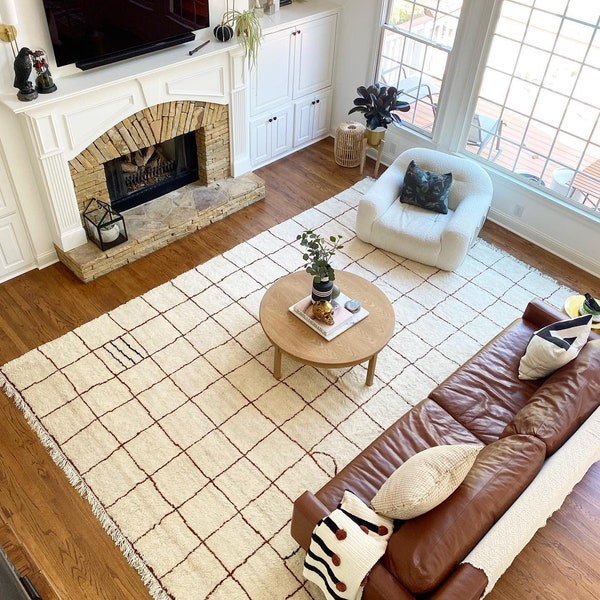 GRID MOROCCAN RUG, Beniourain Handmade Grid Rug, White Wool Rug, Berber Cream Rug, Cream Area Rug, Grid Rug, Grid rug for living room