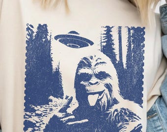 Funny Bigfoot UFO Shirt, Comfort Colors Retro Sasquatch Alien Tee, Distressed Vintage Cryptid Graphic, Camping Humor Gift, 90s Washed Tshirt