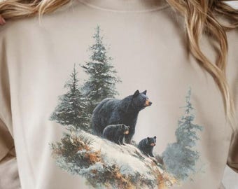 Black Bears Mountain Scene Sweatshirt, Vintage 90s Wildlife Crewneck, Retro Cabin Painting Shirt, Cozy Forest Nature Tee, Outdoorsy Gift