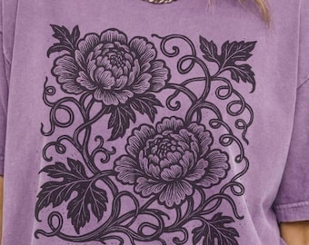 Vintage Linocut Peony Shirt Comfort Colors Block Print Floral Tshirt Woodcut Stamp Tee Cottagecore Boho Botanical Autumn Shirt Cotton