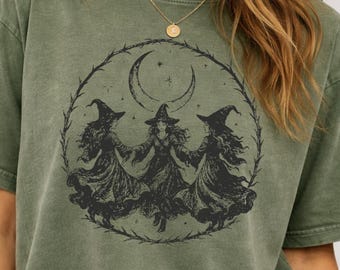 Vintage Witch Shirt, Folk Magic Tee, Three Witches Dancing Under Moon, Cottagecore Witch Shirt, Gothic Moon Phase Tee, Comfort Colors
