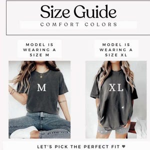 Op de afbeelding: Afbeelding met een maattabel met de tekst "Size Guide" en "Comfort Colors". Twee modellen dragen grijze t-shirts, &eacute;&eacute;n maat M en &eacute;&eacute;n maat XL. De tekst "Let's pick the perfect fit" staat onderaan.