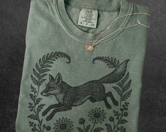 Vintage Linocut Fox Shirt Comfort Colors Block Print Woodland Animal Tshirt Woodcut Stamp Tee Cottagecore Boho Autumn Wildlife Cotton